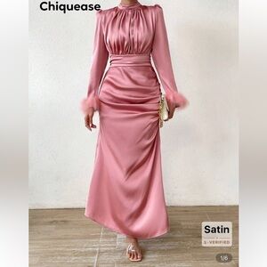 Pink Satin Maxi Dress feather sleeves size L worn once